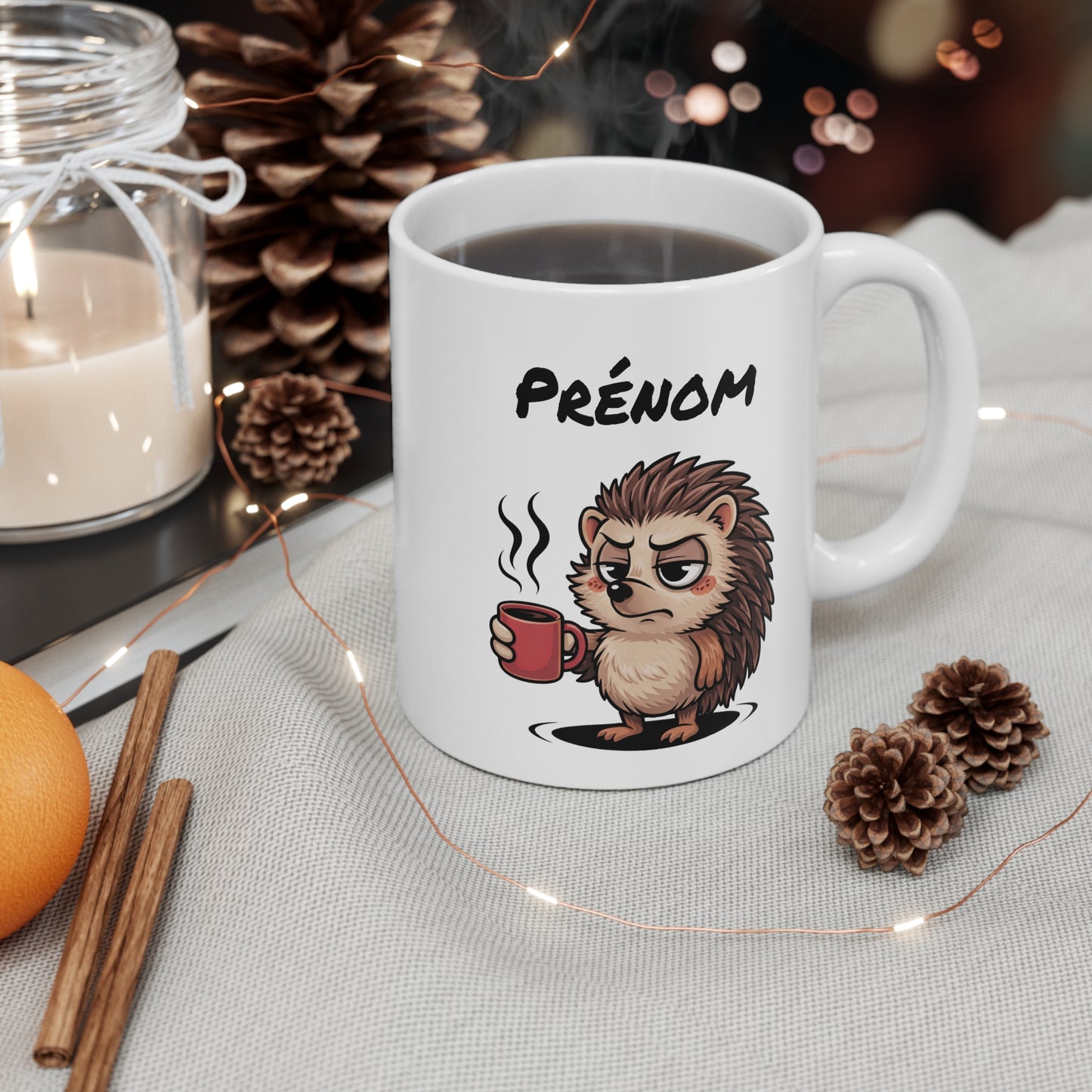 Tasse Personnalisable Hérisson Fatigué – Mug Humour Café Matin Difficile – Cadeau Drôle Prénom 325ml