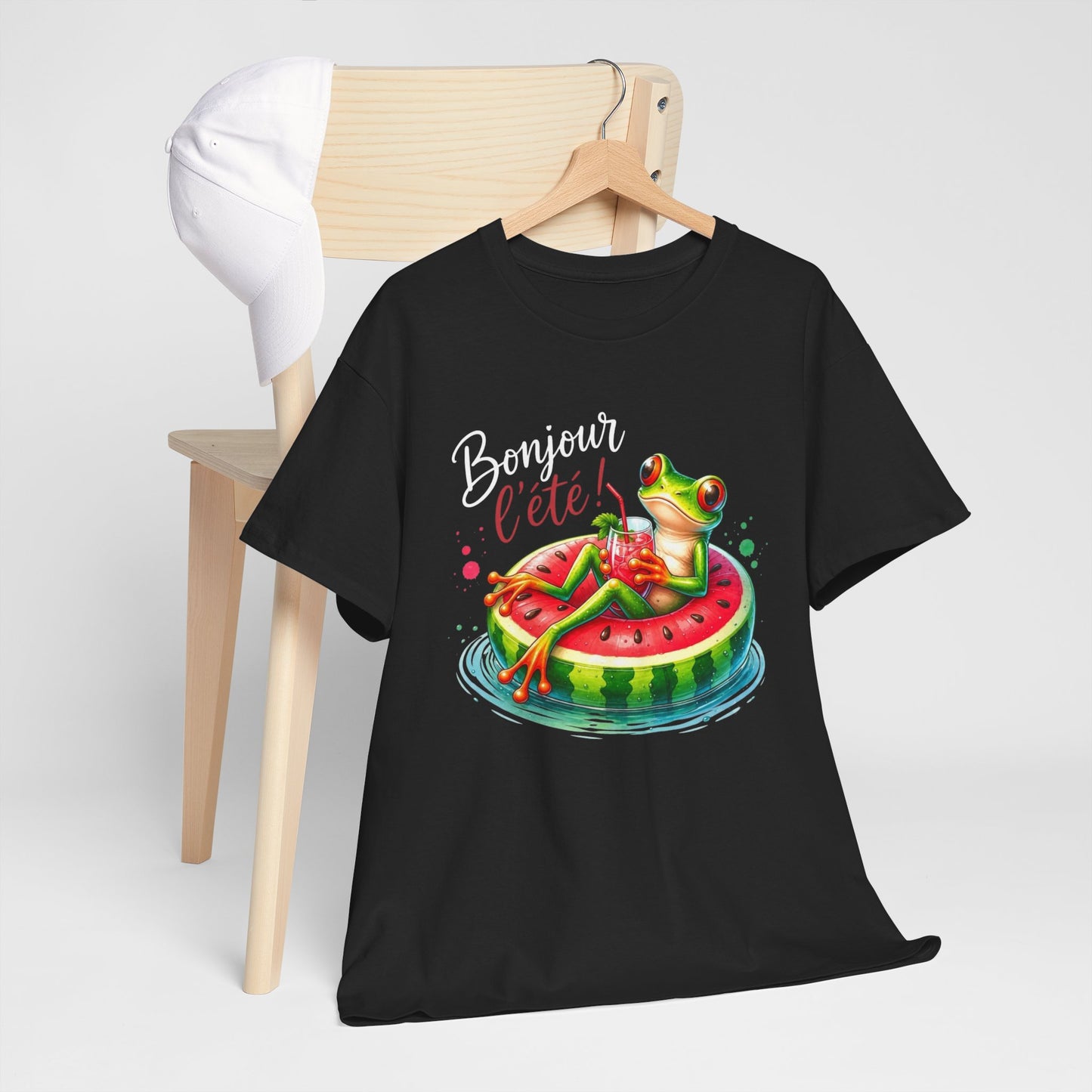 Tee-Shirt Bonjour l’Été Grenouille sur Bouée Pastèque – Cadeau Vacances Homme Femme Humour Soleil Plage