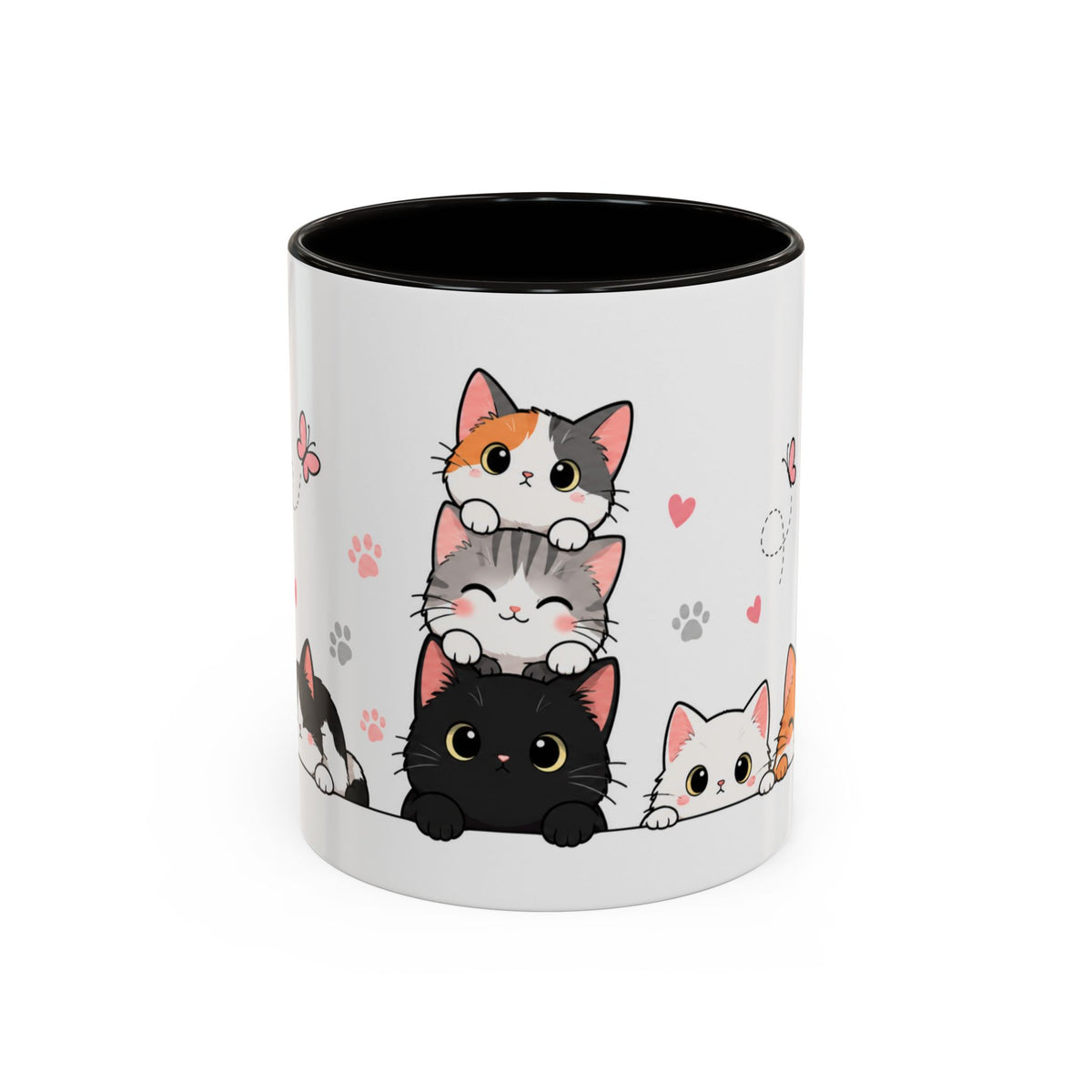 Mug Chats Mignons et Colorés – Tasse avec Petits Chats, Cœurs, Papillons et Pelote de Laine – Cadeau Original Amoureux des Chats