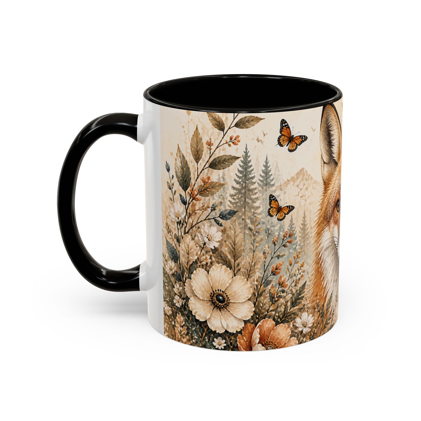 Tasse Renard Floral Bohème – Mug Renard Aquarelle avec Fleurs Sauvages et Papillons – Design Nature Chic 325ml