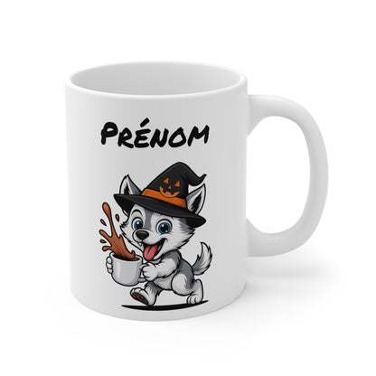 Tasse Personnalisable Loup Sorcier Café – Mug Prénom Céramique 325ml – Cadeau Drôle Halloween