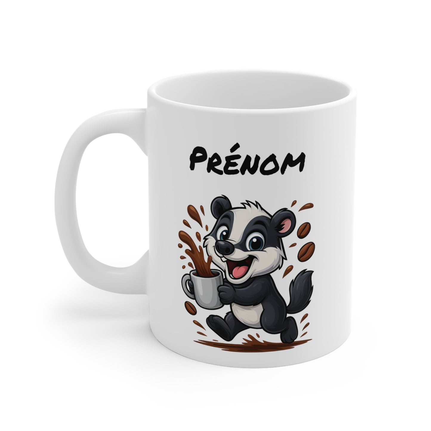 Tasse Personnalisable Blaireau Café – Mug Prénom Animal Cartoon Céramique 325ml – Cadeau Original