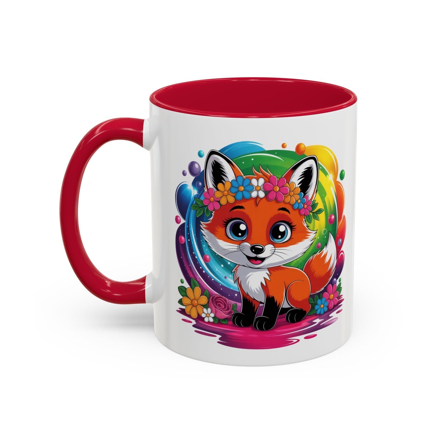 Mug Renard Mignon Multicolore – Tasse Design Kawaii Renard et Fleurs Arc-en-ciel – Cadeau Original 325ml