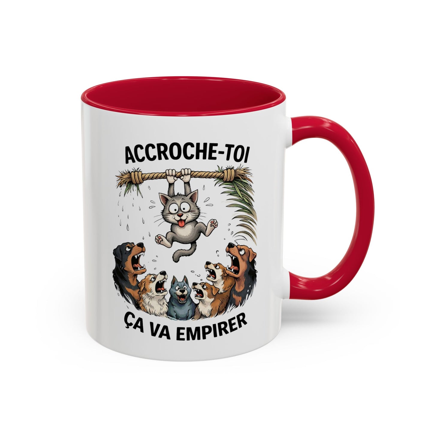 Tasse Humour Chat Suspendu avec Chiens – Accroche-Toi Ça Va Empirer – Mug Drôle Animaux Cadeau Collègue – Céramique 325ml