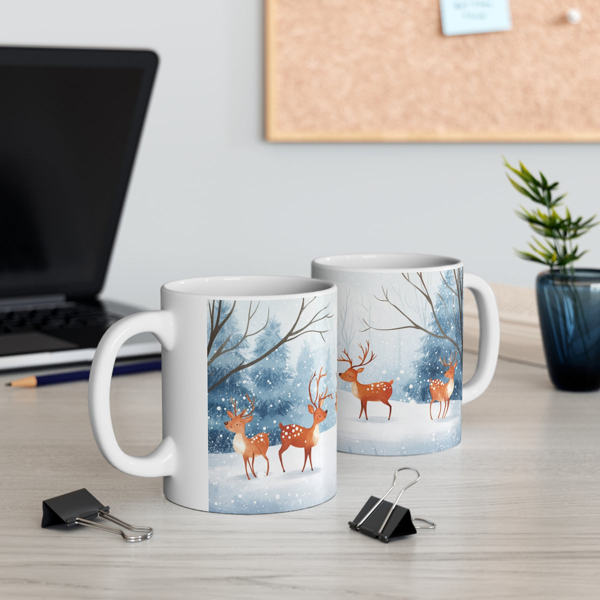 Mug Cerfs dans la Forêt Enneigée – Tasse Hiver Style Aquarelle – Cadeau Original Noël Nature et Animaux