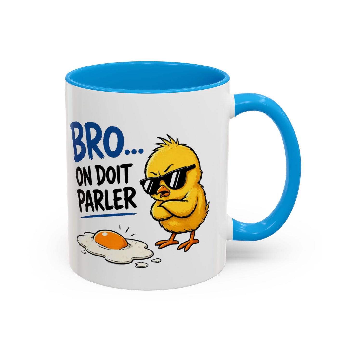 Mug Humour Poussin – Bro On Doit Parler – Tasse Drôle et Décalée – Cadeau Original Fun Céramique 325ml Noir Bleu Rouge