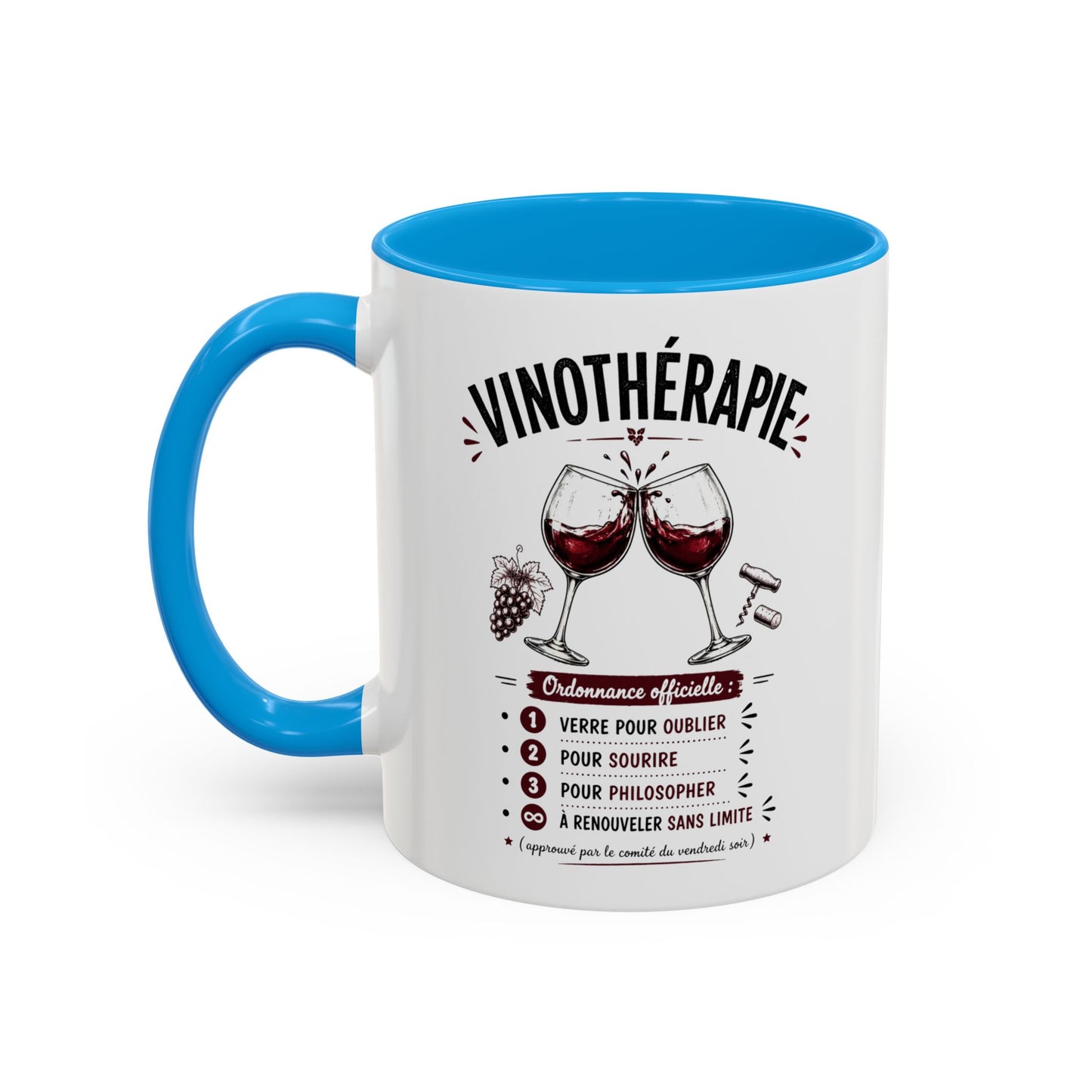Mug Vinothérapie Drôle – Tasse Humour Vin Rouge et Apéro – Cadeau Original Amateur de Vin – Céramique 325ml Noir Bleu Rouge