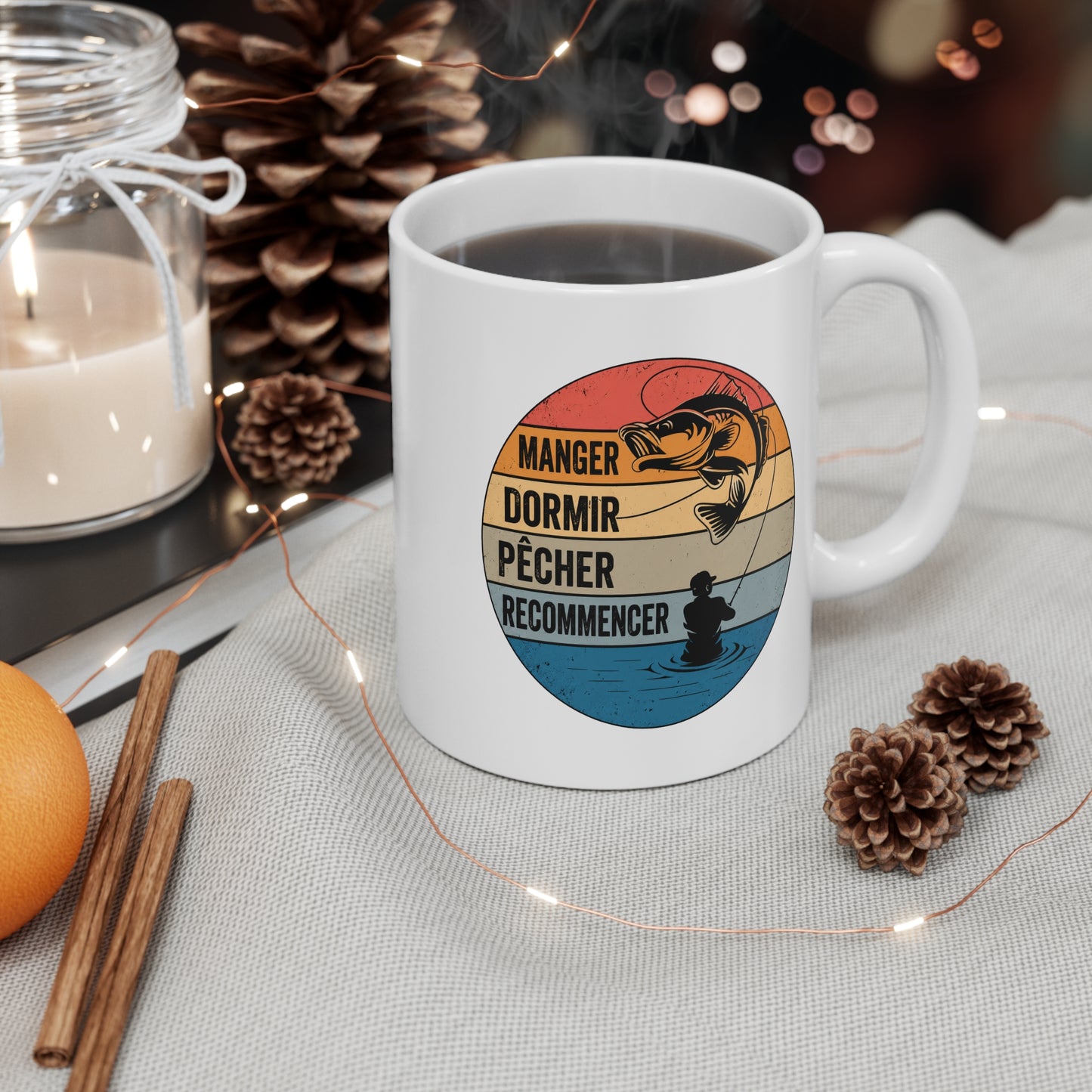 Mug Pêche Vintage – Tasse Pêcheur avec Poisson – Cadeau Homme Passionné de Canne et Loisirs en Plein Air – 325 ml