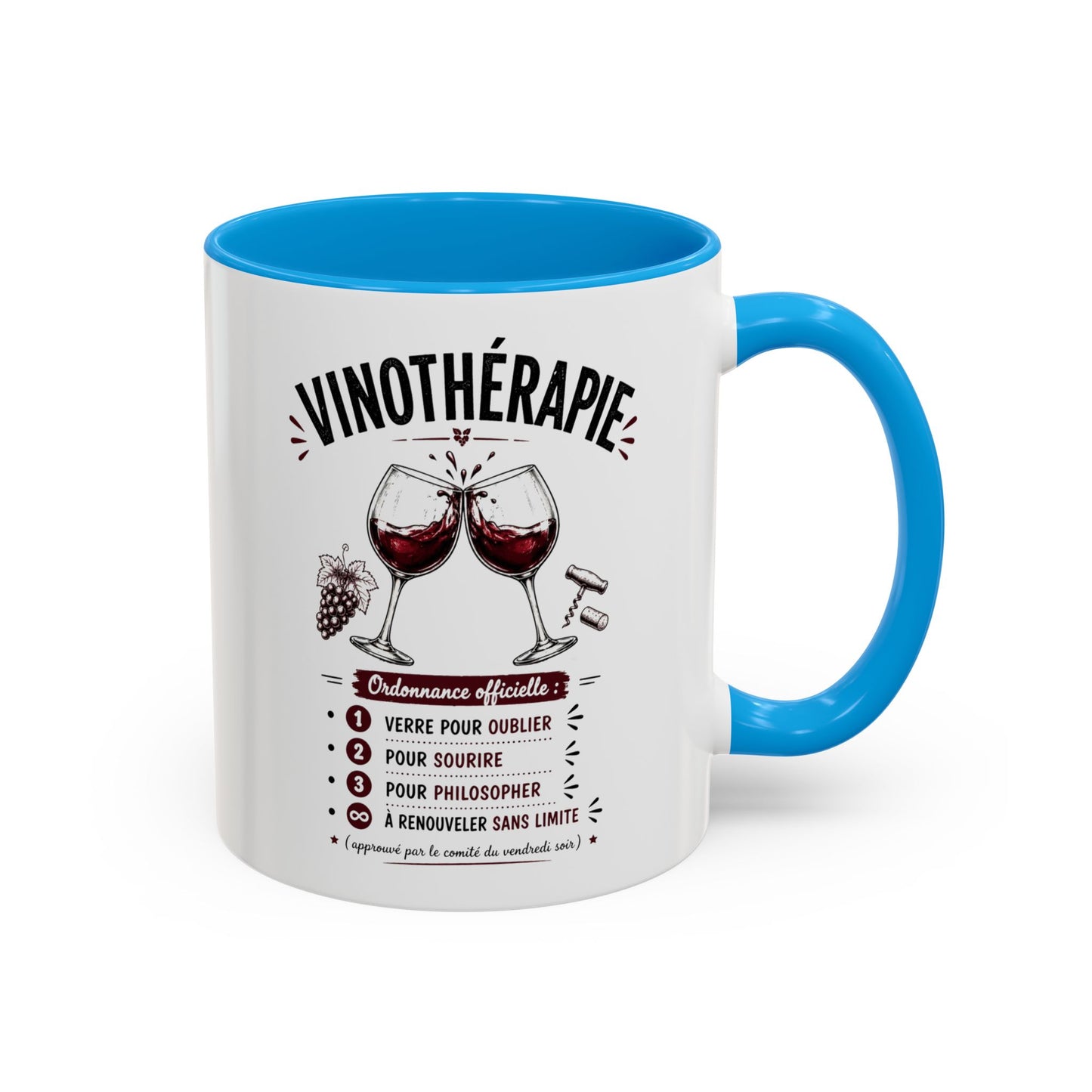 Mug Vinothérapie Drôle – Tasse Humour Vin Rouge et Apéro – Cadeau Original Amateur de Vin – Céramique 325ml Noir Bleu Rouge
