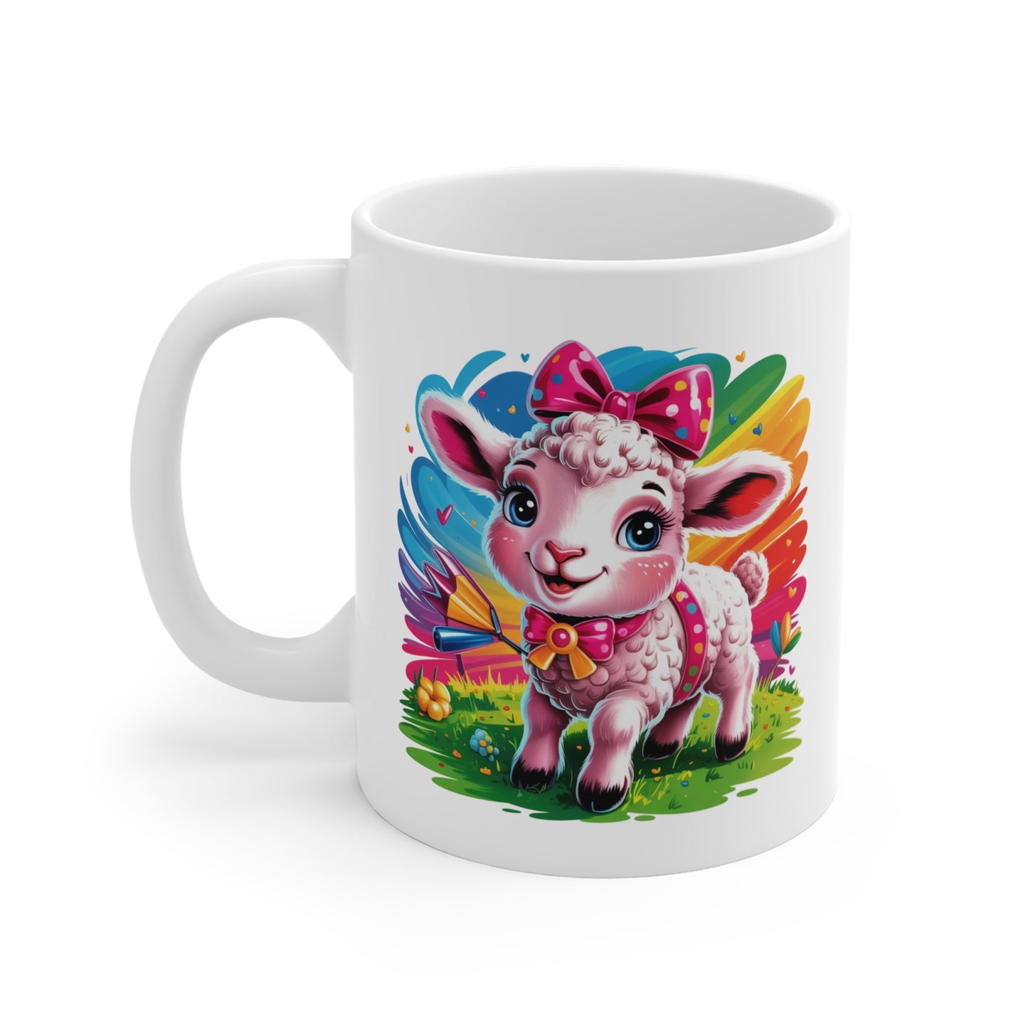 Mug Agneau Kawaii avec Nœud Rose – Tasse Mouton Cute Arc-en-Ciel – Design Animal Mignon et Féérique – Cadeau Original pour Enfants et Amoureux des Animaux Kawaii – Céramique 325ml