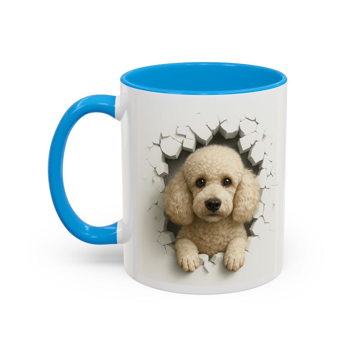 Mug Caniche Beige Effet Mur Cassé – Tasse Chien 3D Trompe-l’œil – Cadeau Original Amoureux des Caniches noir bleu rouge