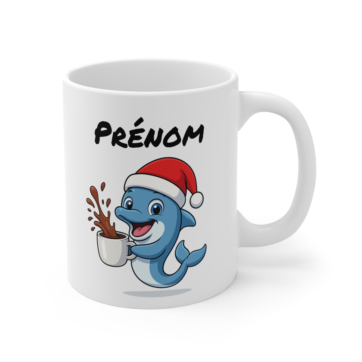 Tasse Personnalisable Dauphin Noël – Mug Prénom Céramique 325ml – Cadeau Fêtes Mignon