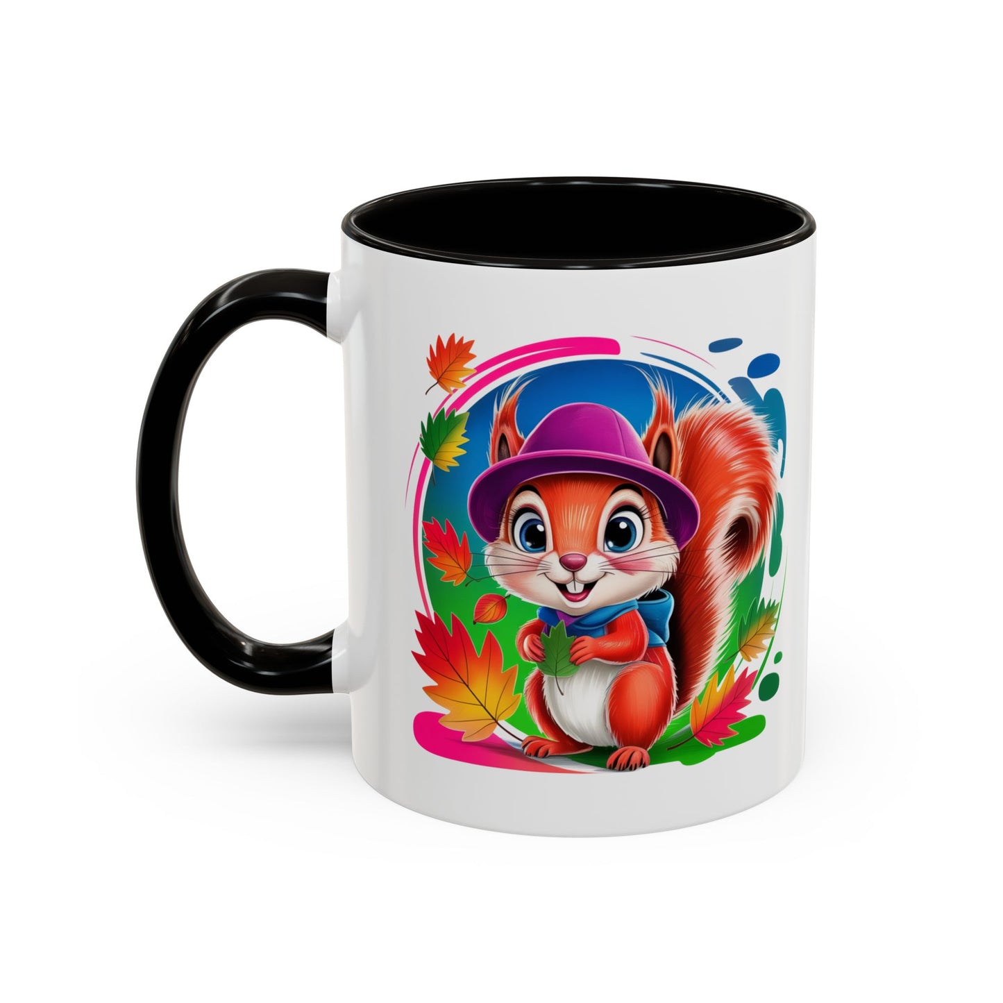 Mug Écureuil Mignon – Tasse Animal Automne Feuilles Colorées Kawaii – Cadeau Original Enfant Adulte – Céramique 325ml Noir Bleu Rouge