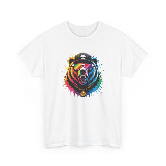 T-Shirt Ours Stylé Lunettes Colorées – Tee Shirt Bear Streetwear – Cadeau Original Hip Hop Noir Blanc Gris