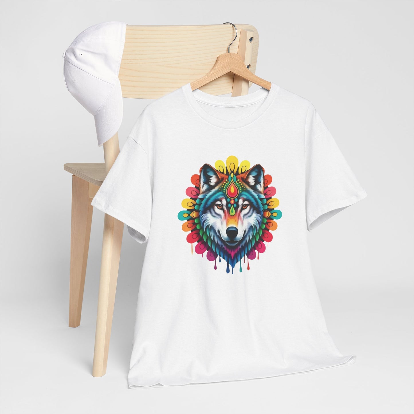 T-Shirt Loup Coloré Mandala – Tee Shirt Wolf Spirituel Tribal – Cadeau Original Animal Mystique Noir Blanc Gris