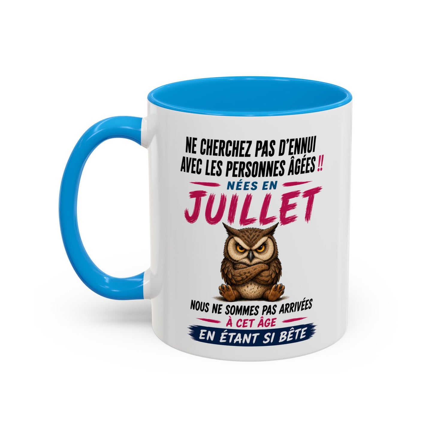 Tasse Humour Personnes Nées en Juillet – Mug Hibou Drôle Senior Retraité – Cadeau Anniversaire Homme Femme 325ml