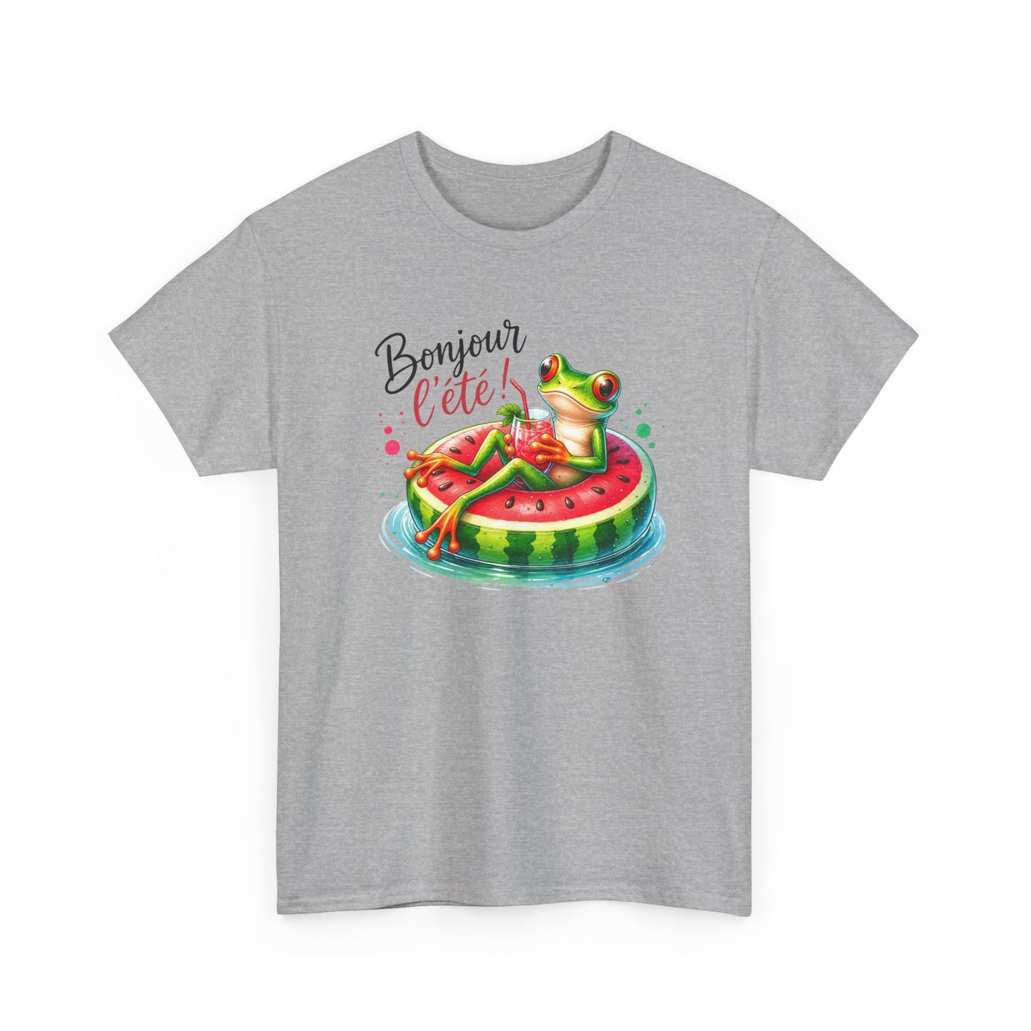 Tee-Shirt Bonjour l’Été Grenouille sur Bouée Pastèque – Cadeau Vacances Homme Femme Humour Soleil Plage