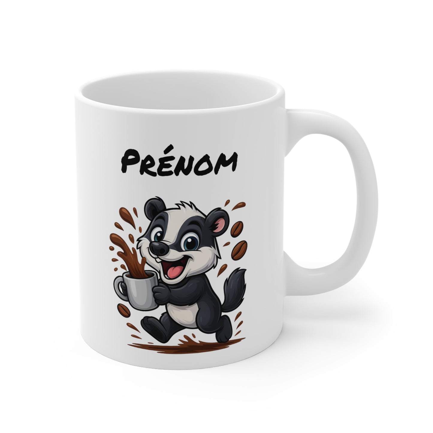 Tasse Personnalisable Blaireau Café – Mug Prénom Animal Cartoon Céramique 325ml – Cadeau Original
