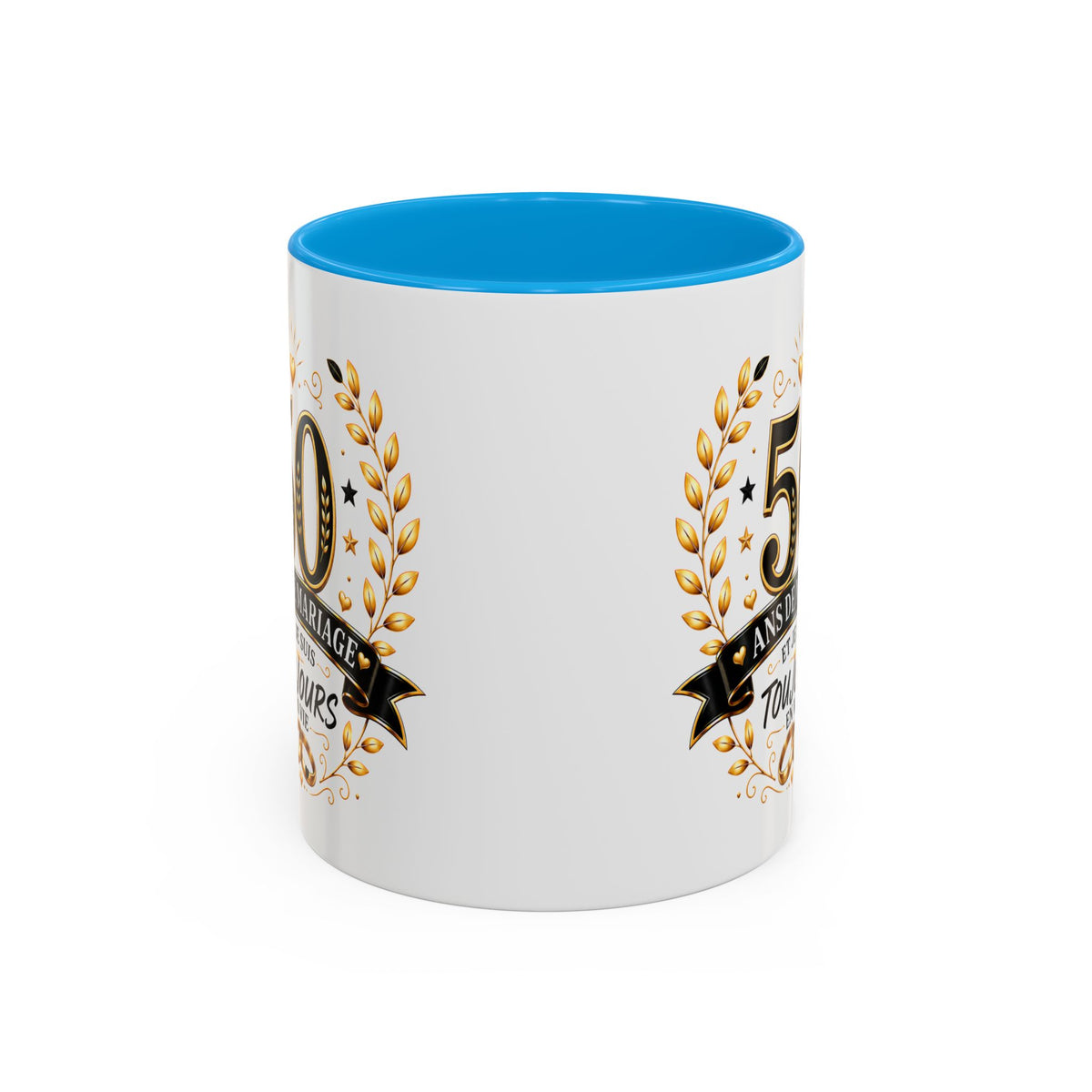 Mug 50 Ans de Mariage et Je Suis Toujours en Vie – Tasse Humoristique Anniversaire de Mariage – Idée Cadeau Couple Noces d’Or noir bleu rouge