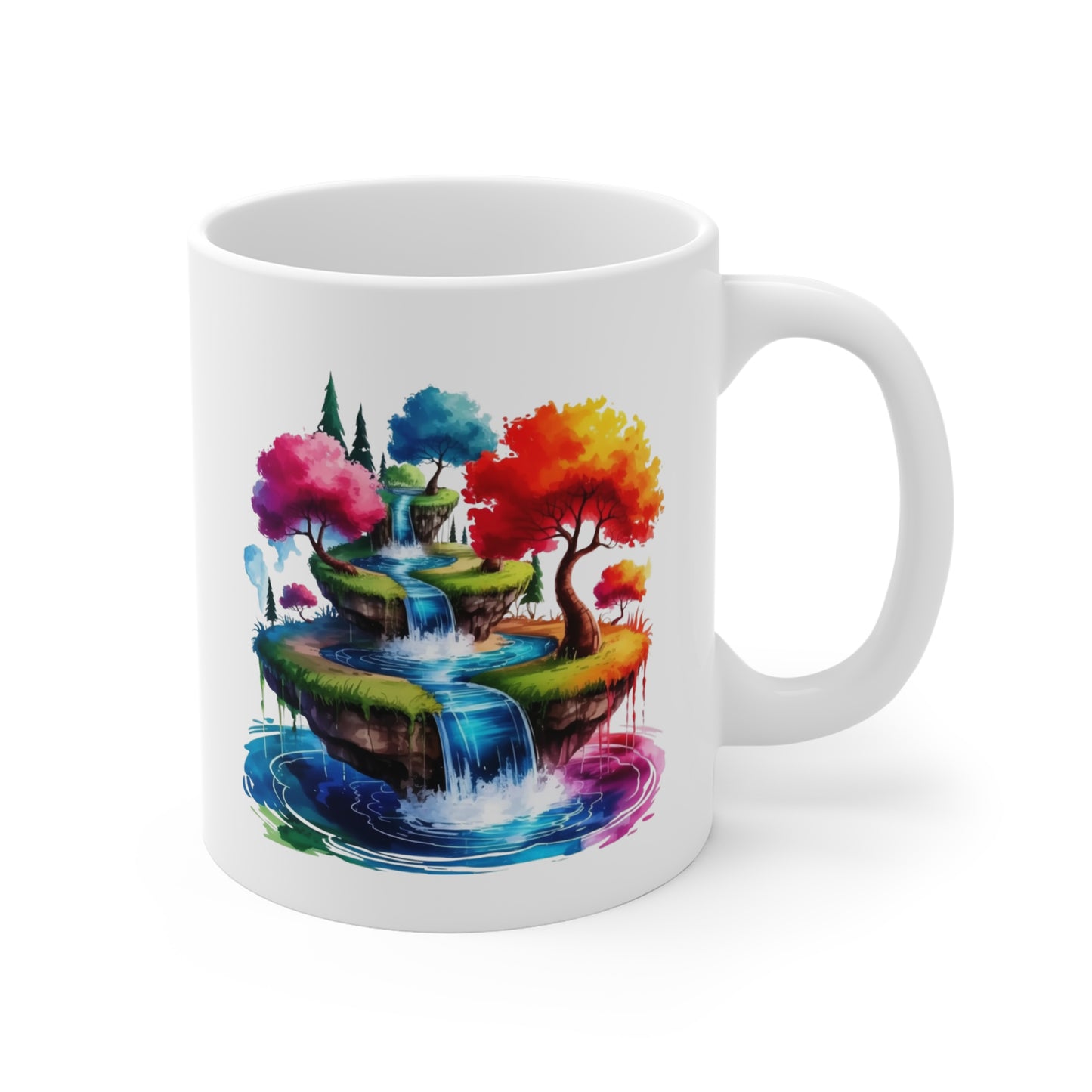 Mug Paysage Fantastique avec Cascades et Arbres Arc-en-Ciel – Tasse Nature Féérique et Colorée – Design Fantasy Relaxant – Cadeau Original pour Amoureux de la Nature et des Mondes Magiques – Céramique...