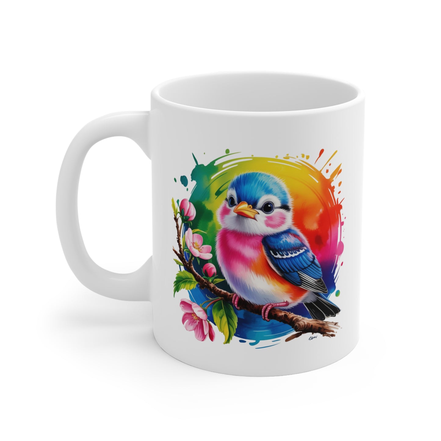 Mug Oiseau Kawaii avec Fleurs – Tasse Petit Oiseau Coloré Arc-en-Ciel – Design Animal Mignon et Printanier – Cadeau Original pour Enfants, Filles et Amoureux des Oiseaux – Céramique 325ml