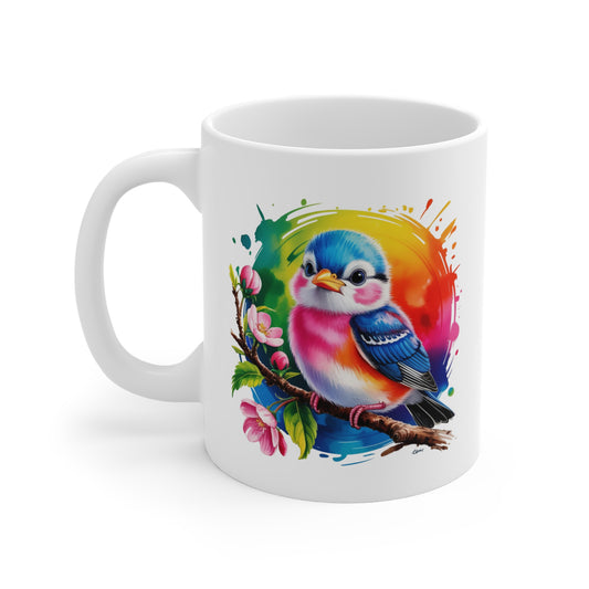 Mug Oiseau Kawaii avec Fleurs – Tasse Petit Oiseau Coloré Arc-en-Ciel – Design Animal Mignon et Printanier – Cadeau Original pour Enfants, Filles et Amoureux des Oiseaux – Céramique 325ml