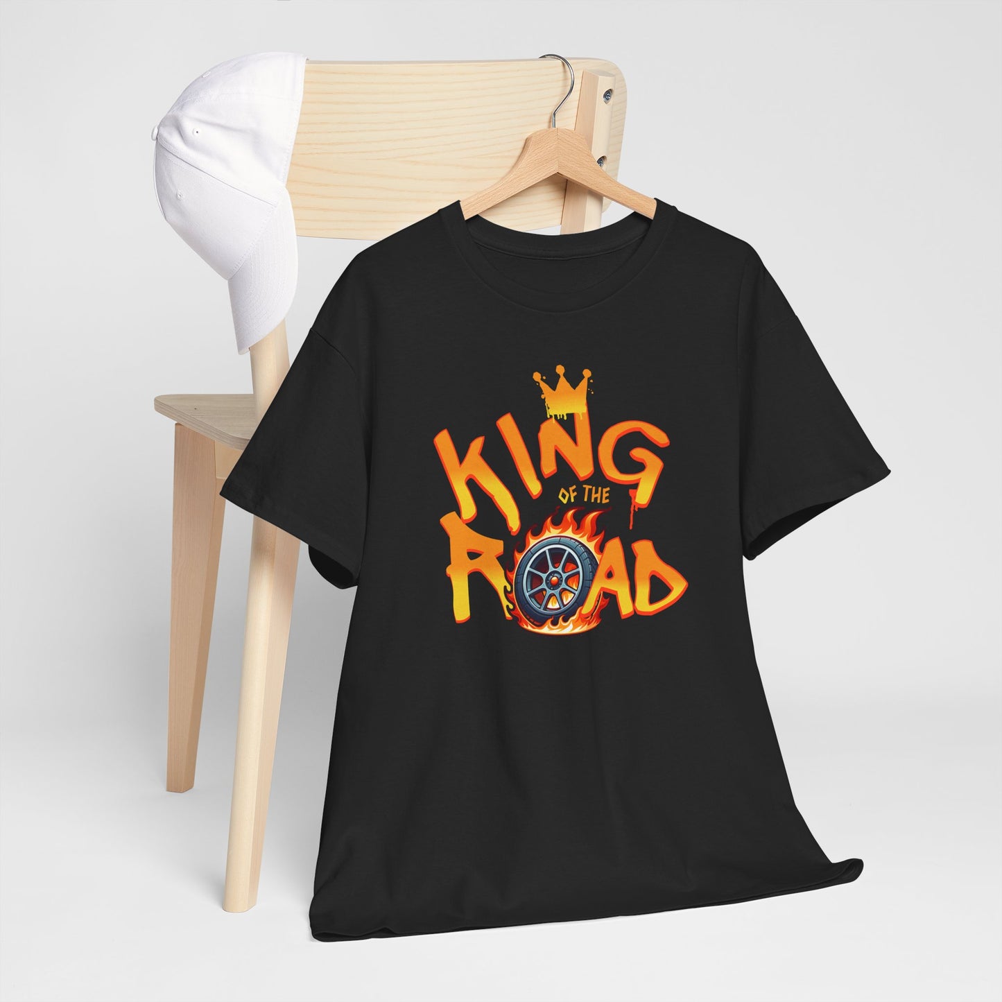 T-Shirt King of the Road Homme Femme – Tee Shirt Voiture Racing Flamme – Cadeau Passion Auto Noir Blanc Gris