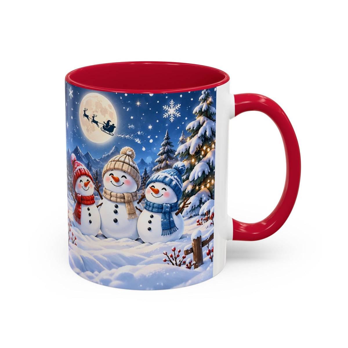 Mug Bonhommes de Neige de Noël – Tasse Hiver avec Sapins Enneigés, Lune et Traîneau du Père Noël – Cadeau Original Homme Femme