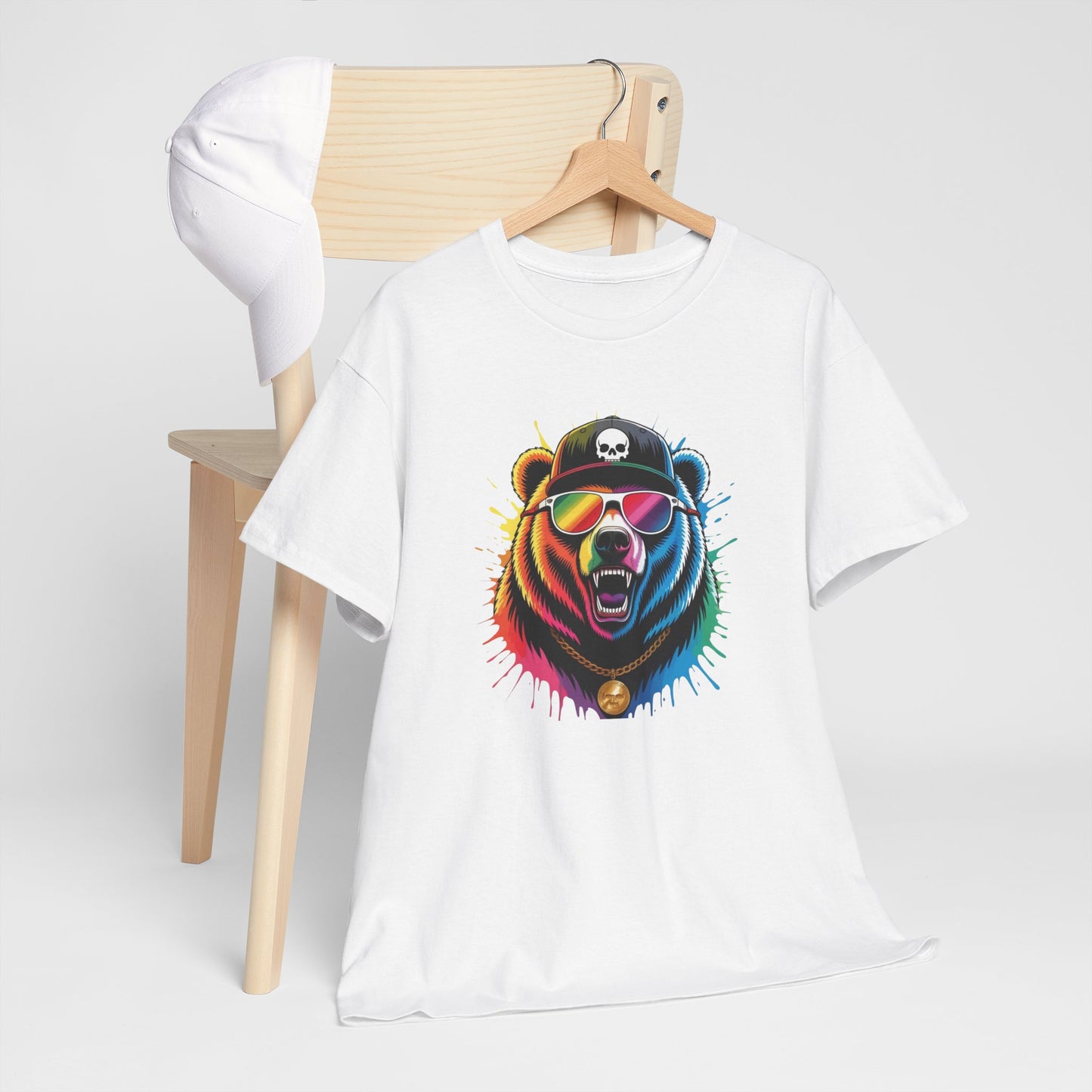 T-Shirt Ours Stylé Lunettes Colorées – Tee Shirt Bear Streetwear – Cadeau Original Hip Hop Noir Blanc Gris