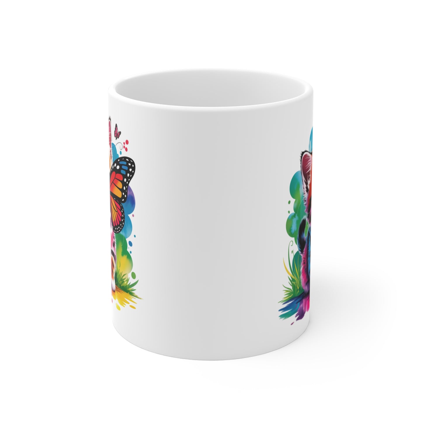 Mug Chaton Kawaii avec Papillon Arc-en-Ciel – Tasse Chat Mignon Colorée – Design Féérique et Artistique – Cadeau Original Amoureux des Chats – Céramique 325ml