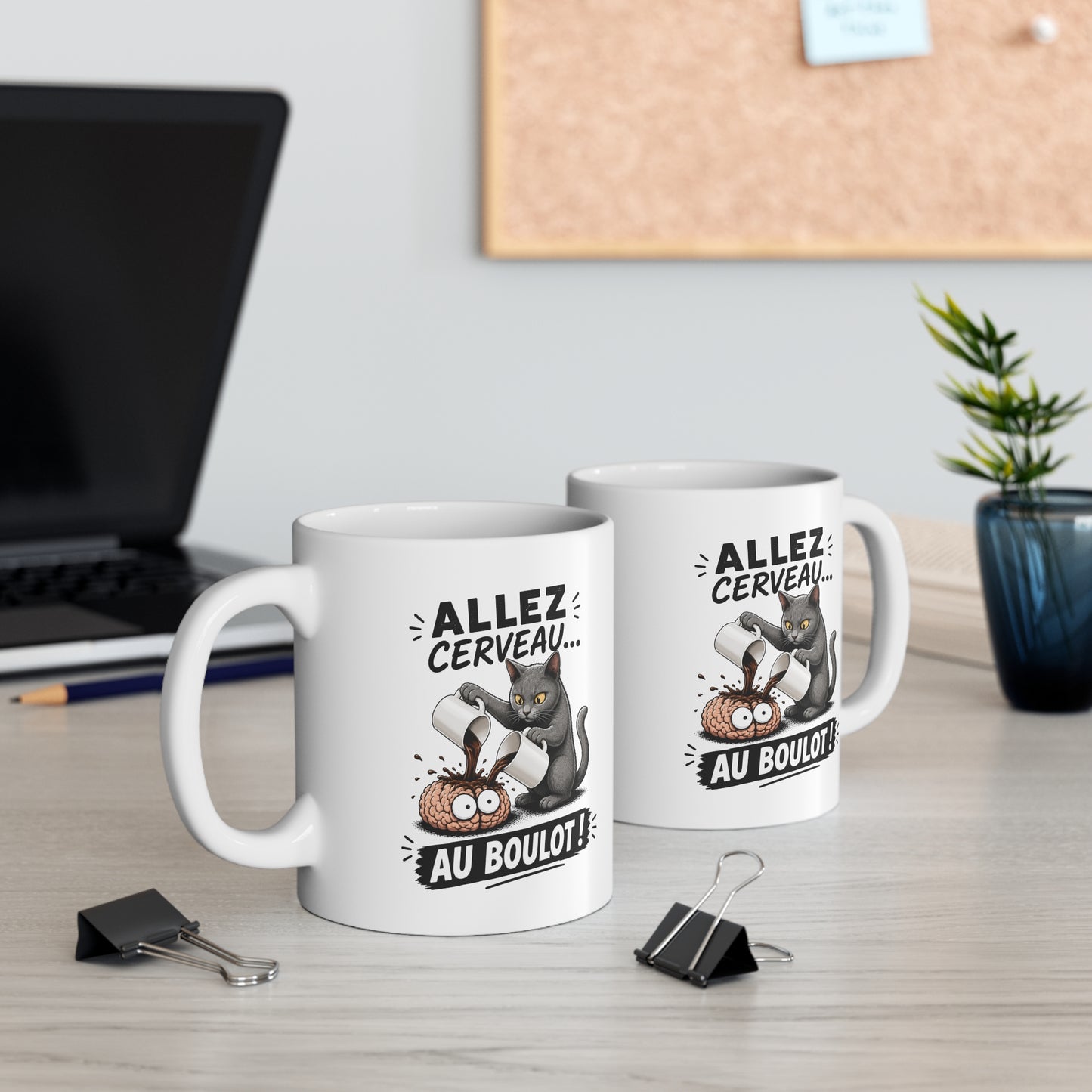 Mug Allez Cerveau Au Boulot – Tasse Humour Chat et Café – Cadeau Drôle Homme et Femme