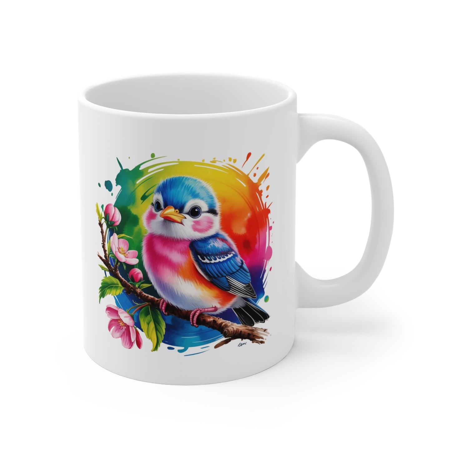 Mug Oiseau Kawaii avec Fleurs – Tasse Petit Oiseau Coloré Arc-en-Ciel – Design Animal Mignon et Printanier – Cadeau Original pour Enfants, Filles et Amoureux des Oiseaux – Céramique 325ml