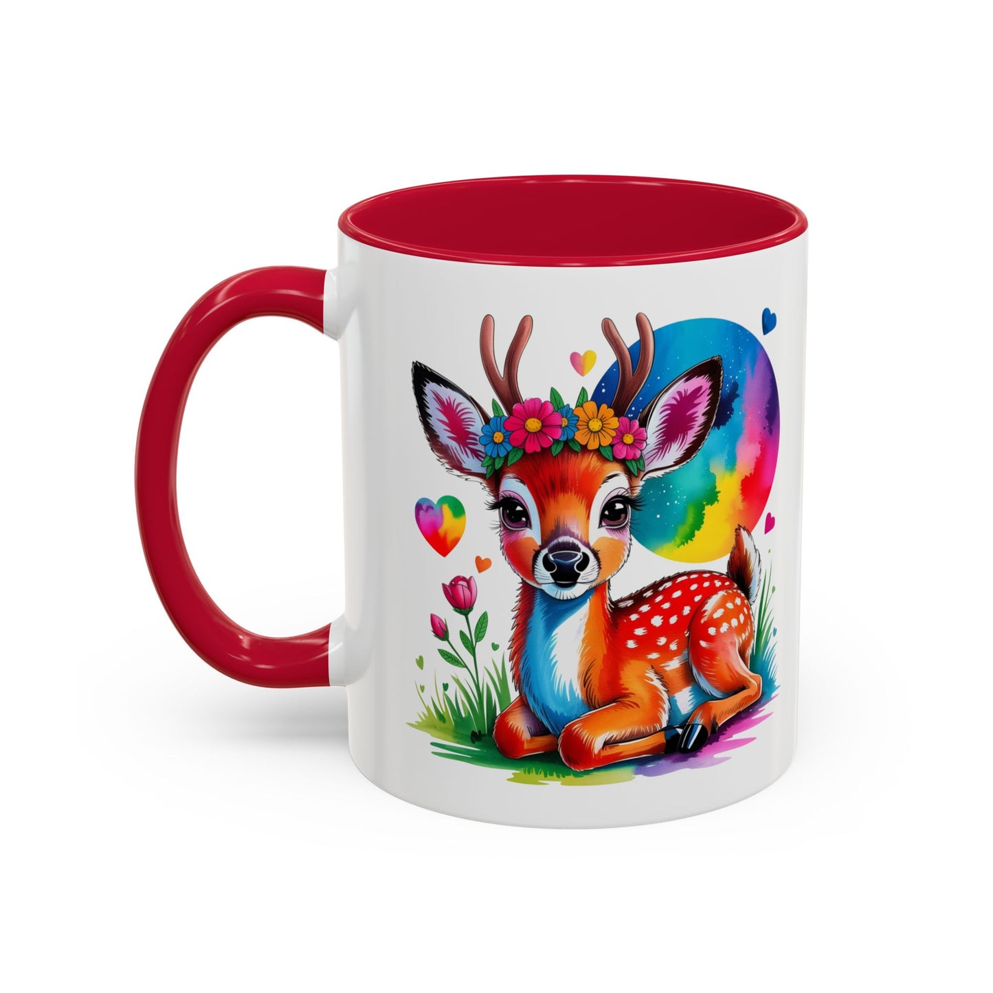 Mug Faon Mignon Coloré – Tasse Cerf Fleurs Arc-en-Ciel Kawaii – Cadeau Original Enfant Adulte – Céramique 325ml Noir Bleu Rouge
