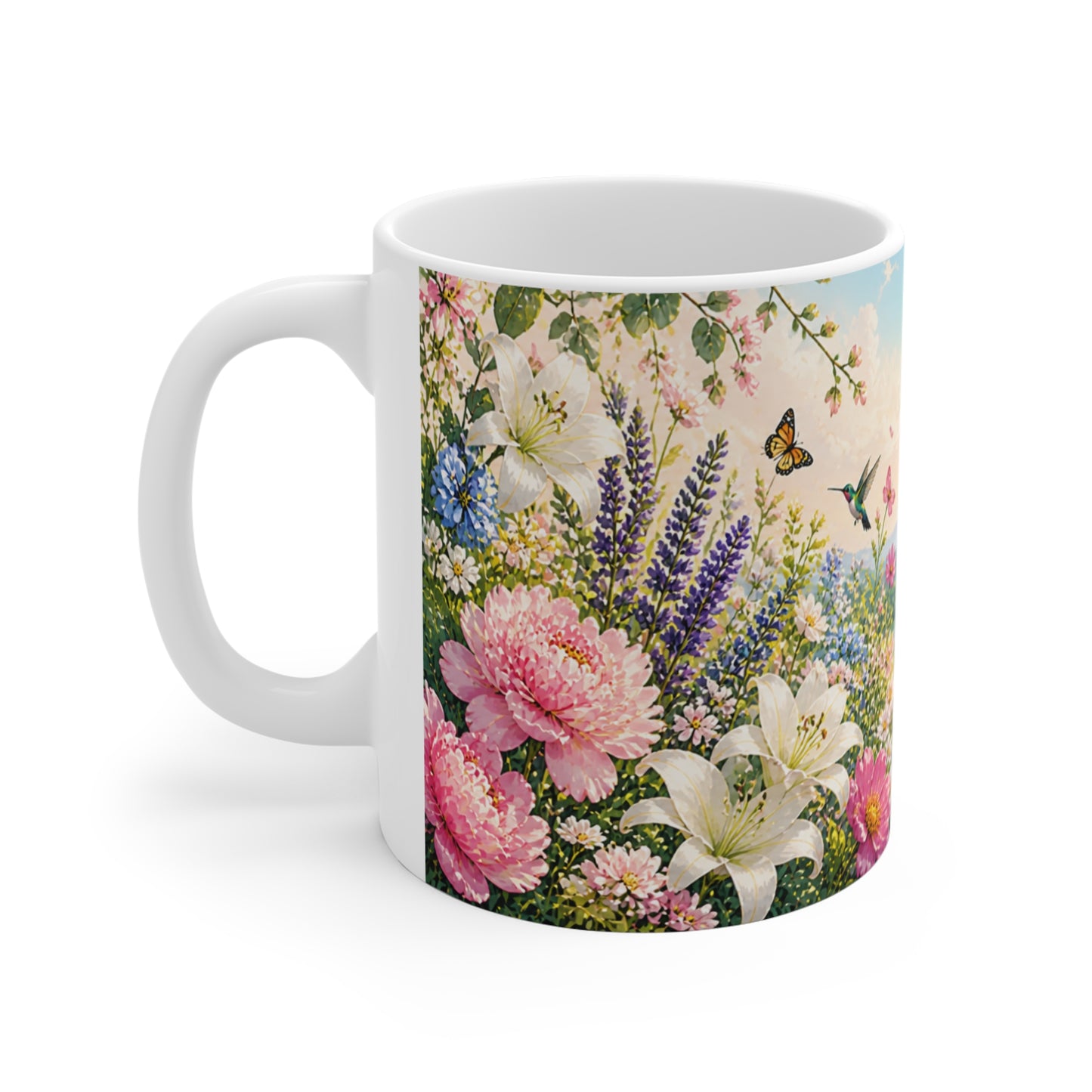 Tasse Jardin Fleuri Coloré – Mug Nature Floral avec Papillons et Colibris – Cadeau Homme Femme Enfant 325ml
