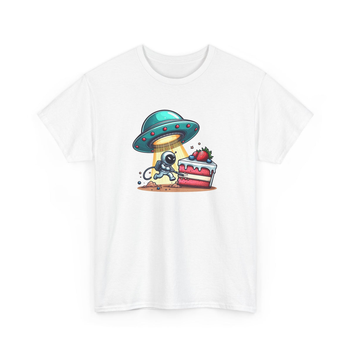 Tee Shirt Astronaute OVNI Gâteau Homme Femme – T-Shirt Espace Humour Gâteau Fraise – Soucoupe Volante – Idée Cadeau Originale