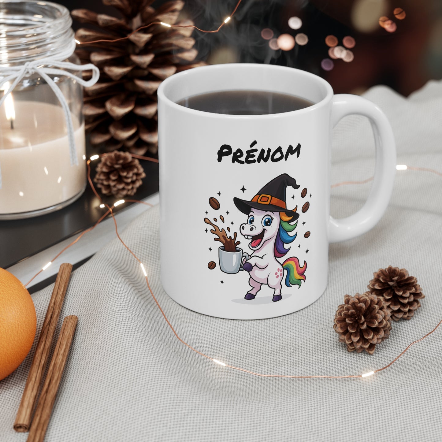 Mug Personnalisé Licorne Sorcière Halloween 325ml – Tasse Céramique Prénom Arc-en-Ciel Magique – Cadeau Original