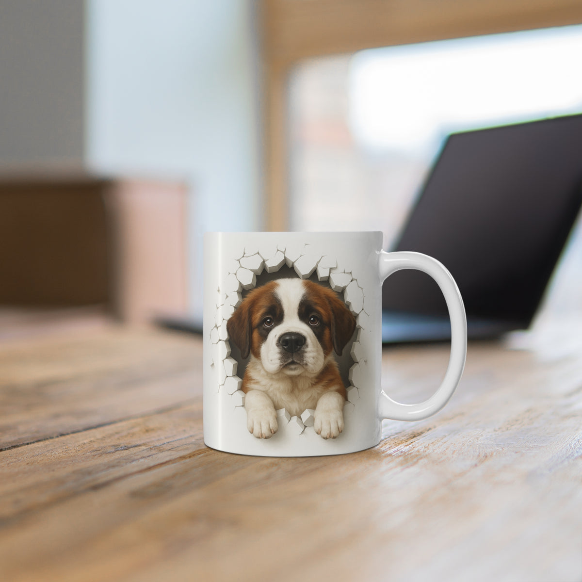 Mug Saint-Bernard Effet Mur Cassé – Tasse Chien 3D Trompe-l’œil – Cadeau Original Amoureux du Saint-Bernard
