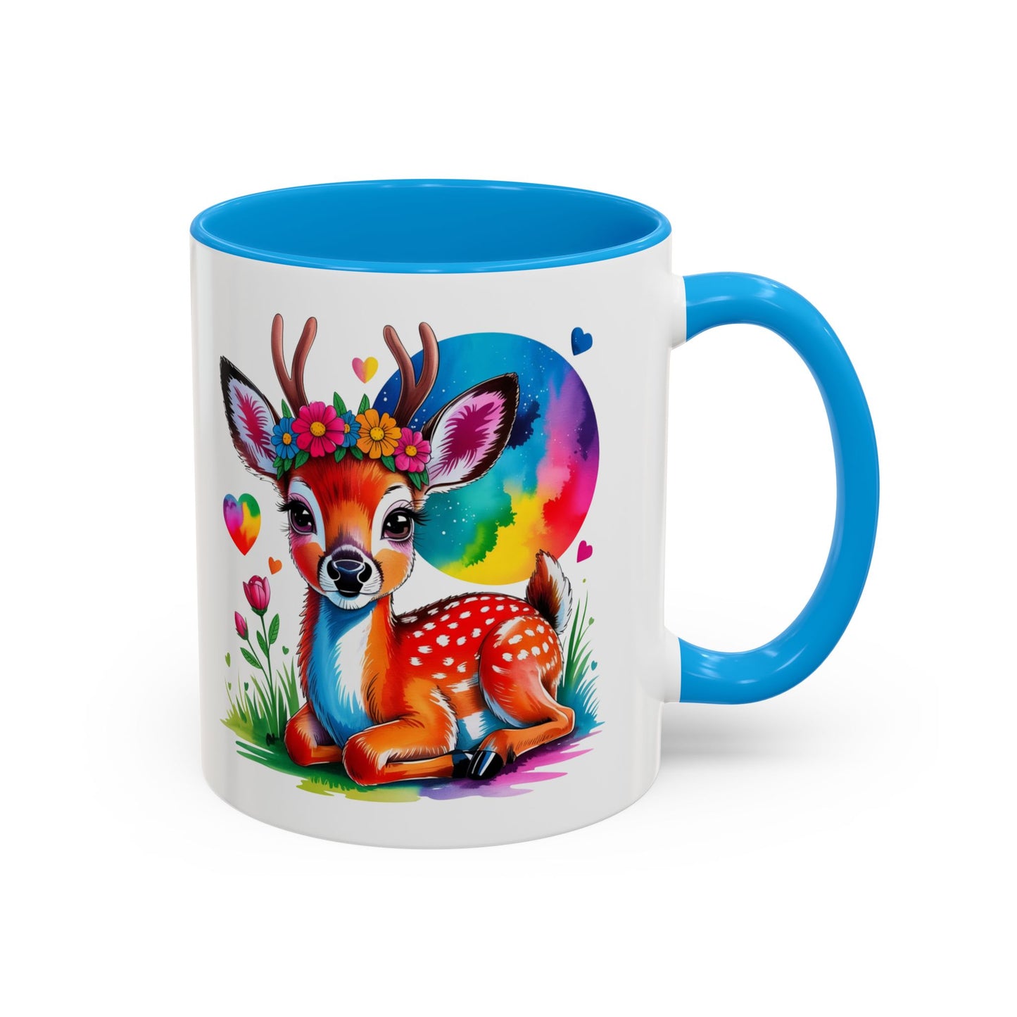 Mug Faon Mignon Coloré – Tasse Cerf Fleurs Arc-en-Ciel Kawaii – Cadeau Original Enfant Adulte – Céramique 325ml Noir Bleu Rouge