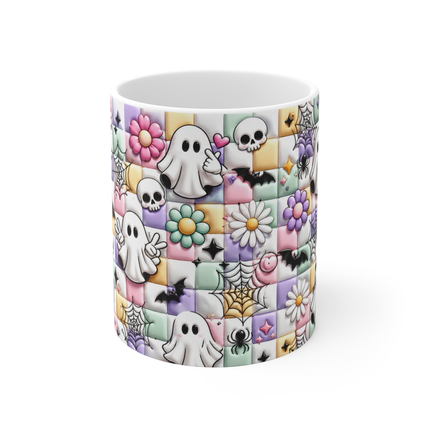 Tasse Fantômes Kawaii – Mug Halloween Pastel avec Ghosts, Chauves-Souris et Toiles – Cadeau Femme Fille 325ml
