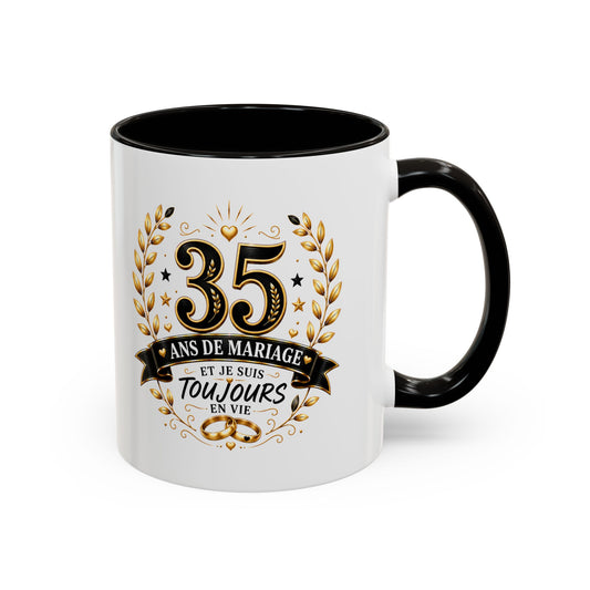 Mug 35 Ans de Mariage et Je Suis Toujours en Vie – Tasse Humoristique Anniversaire de Mariage – Idée Cadeau Couple Noces de Rubis noir bleu rouge