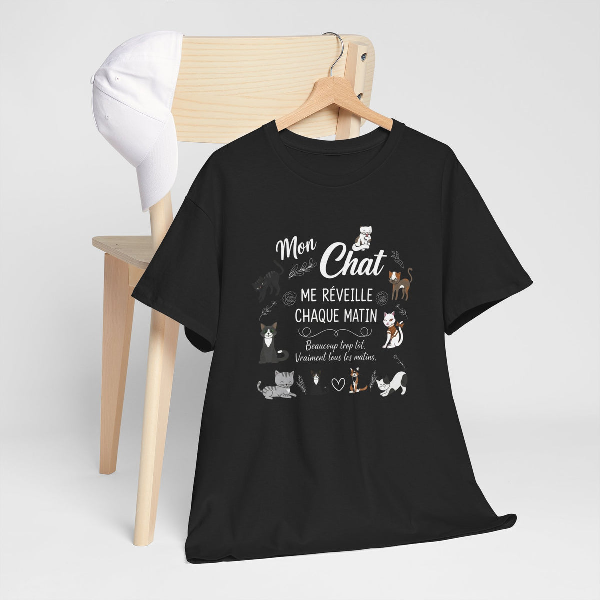 Tee Shirt Chat Homme Femme – Humour Réveil Matin et Fatigue – Idée Cadeau Amoureux des Chats Propriétaire de Félin