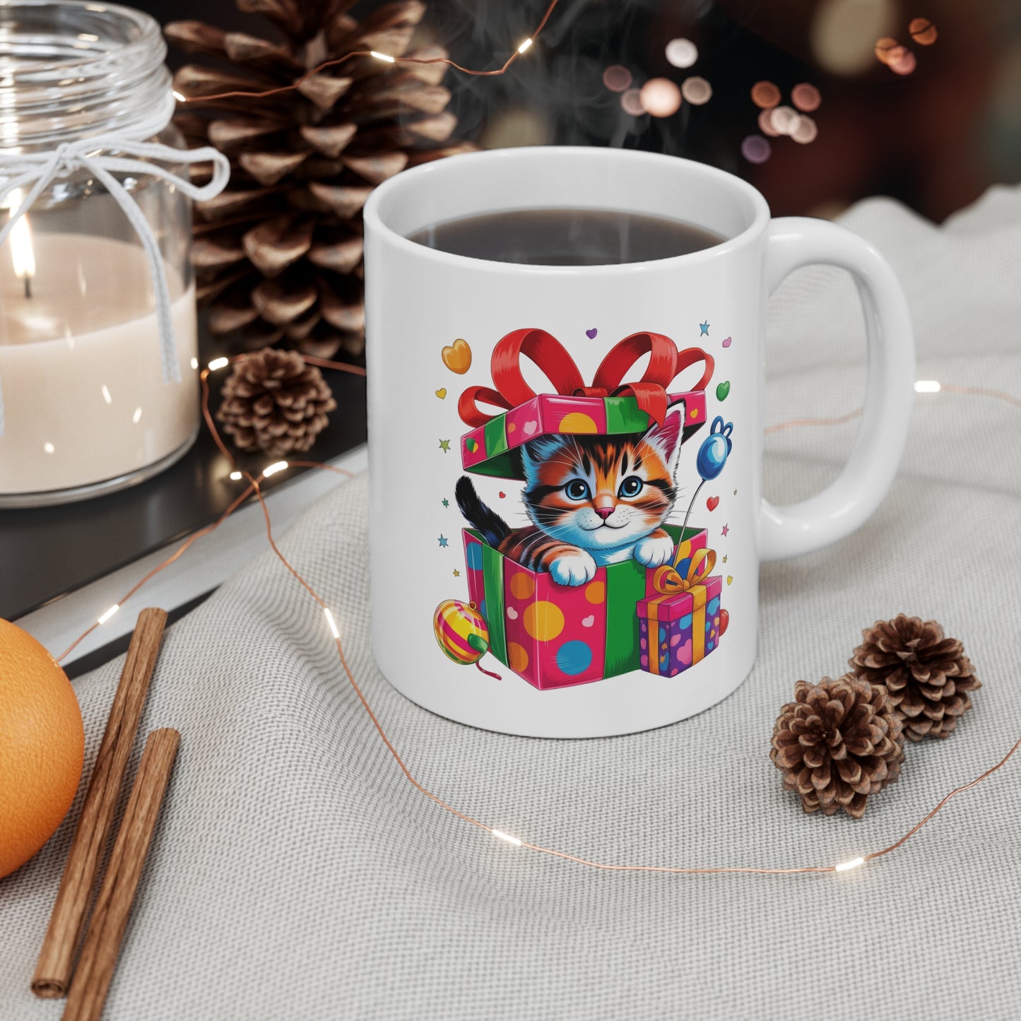 Mug Chaton Kawaii Cadeau – Tasse Chat Mignon dans Boîte Surprise Colorée – Design Cute Kitten avec Cadeaux et Rubans – Cadeau Original pour Amoureux des Chats – Mug Céramique 325ml