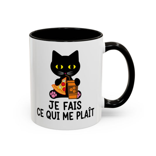 Tasse Chat Homme et Femme – Je Fais Ce Qui Me Plaît – Mug Humour Chat avec Pizza et Café – Cadeau Original Amoureux des Chats – 325 ml