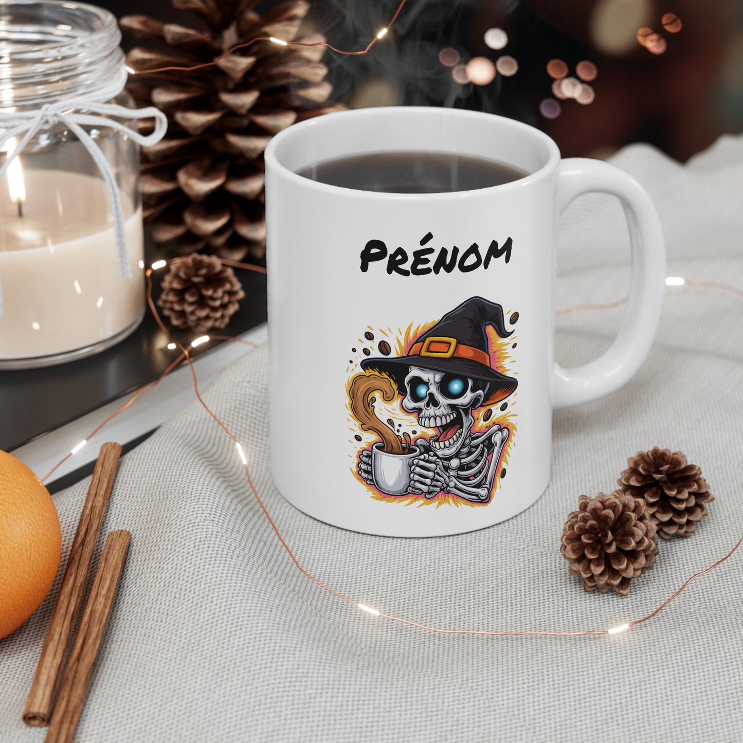 Mug Personnalisé Halloween Squelette Sorcier – Tasse Céramique 325ml avec Prénom – Cadeau Effrayant et Drôle