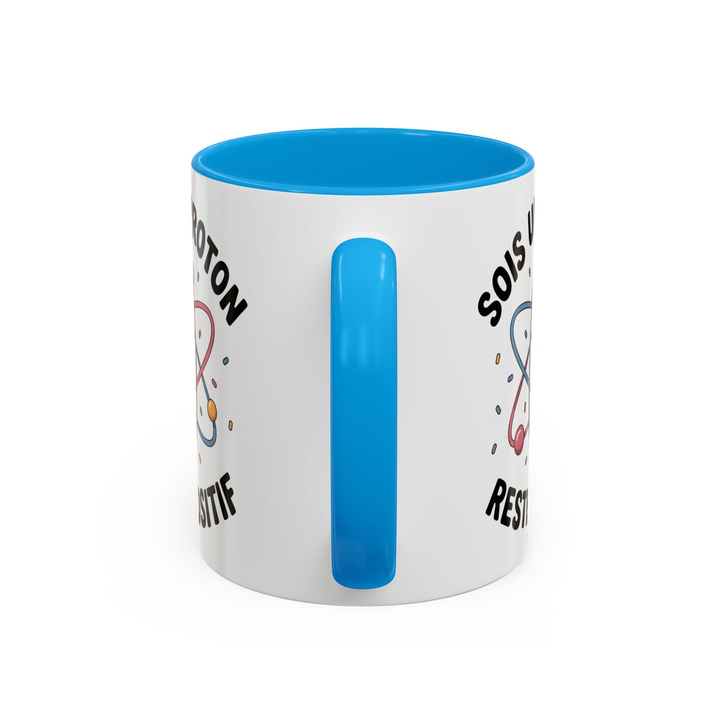 Mug Humour Science Proton – Sois Un Proton Reste Positif – Tasse Geek Physique Chimie – Cadeau Professeur Étudiant Scientifique – Céramique 325ml Noir Bleu Rouge