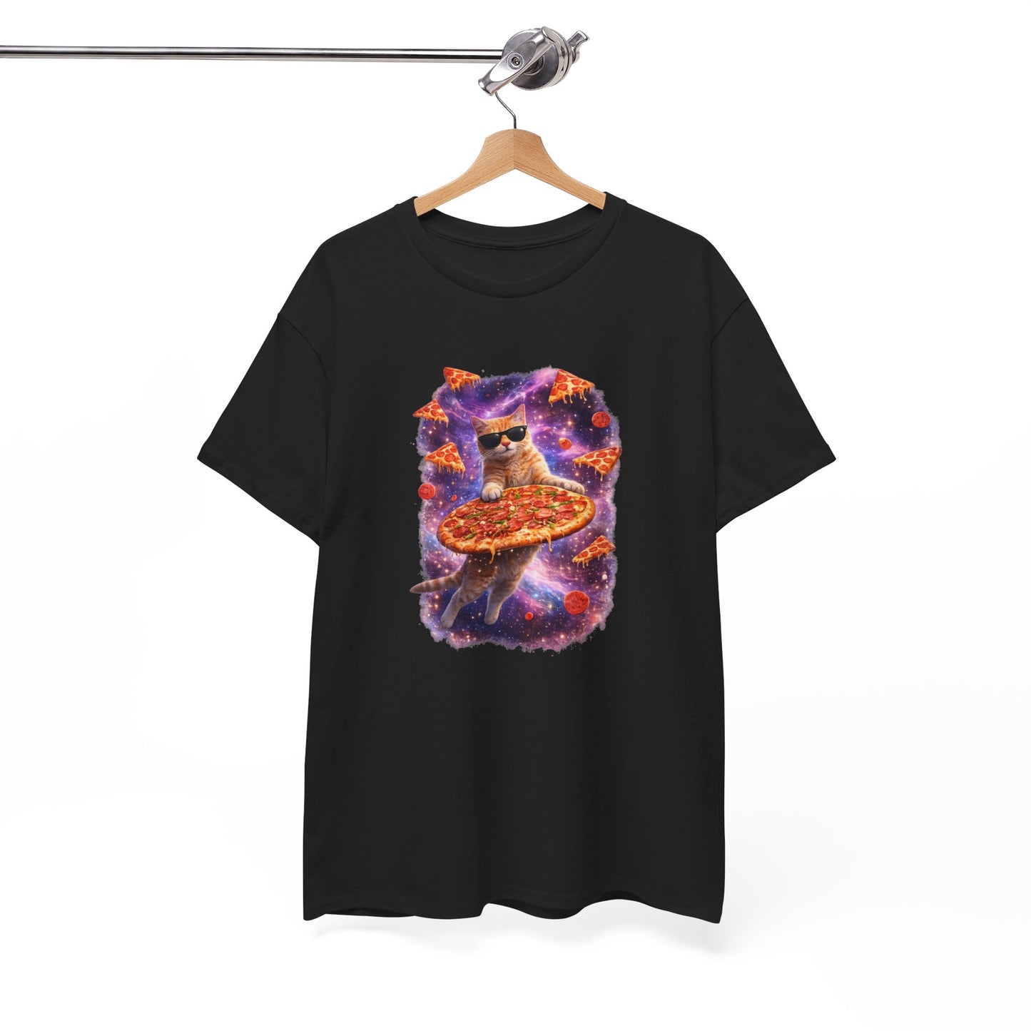 Tee Shirt Chat Pizza Galaxie – Chat drôle lunettes soleil espace – Cadeau humour Blanc Gris Noir