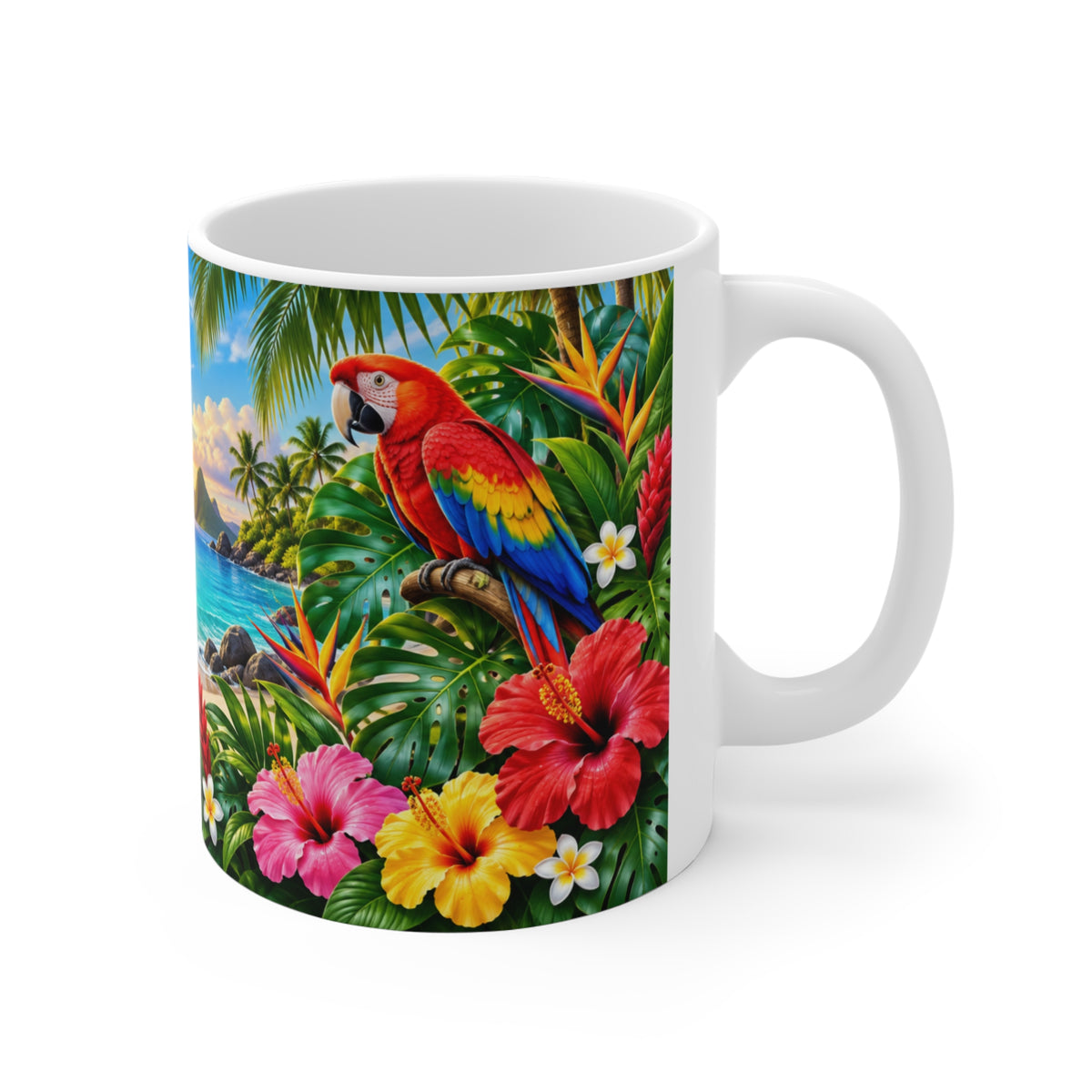 Mug Perroquets Ara dans un Paradis Tropical – Tasse Plage Exotique avec Fleurs, Palmiers et Coucher de Soleil – Cadeau Original Amoureux des Oiseaux
