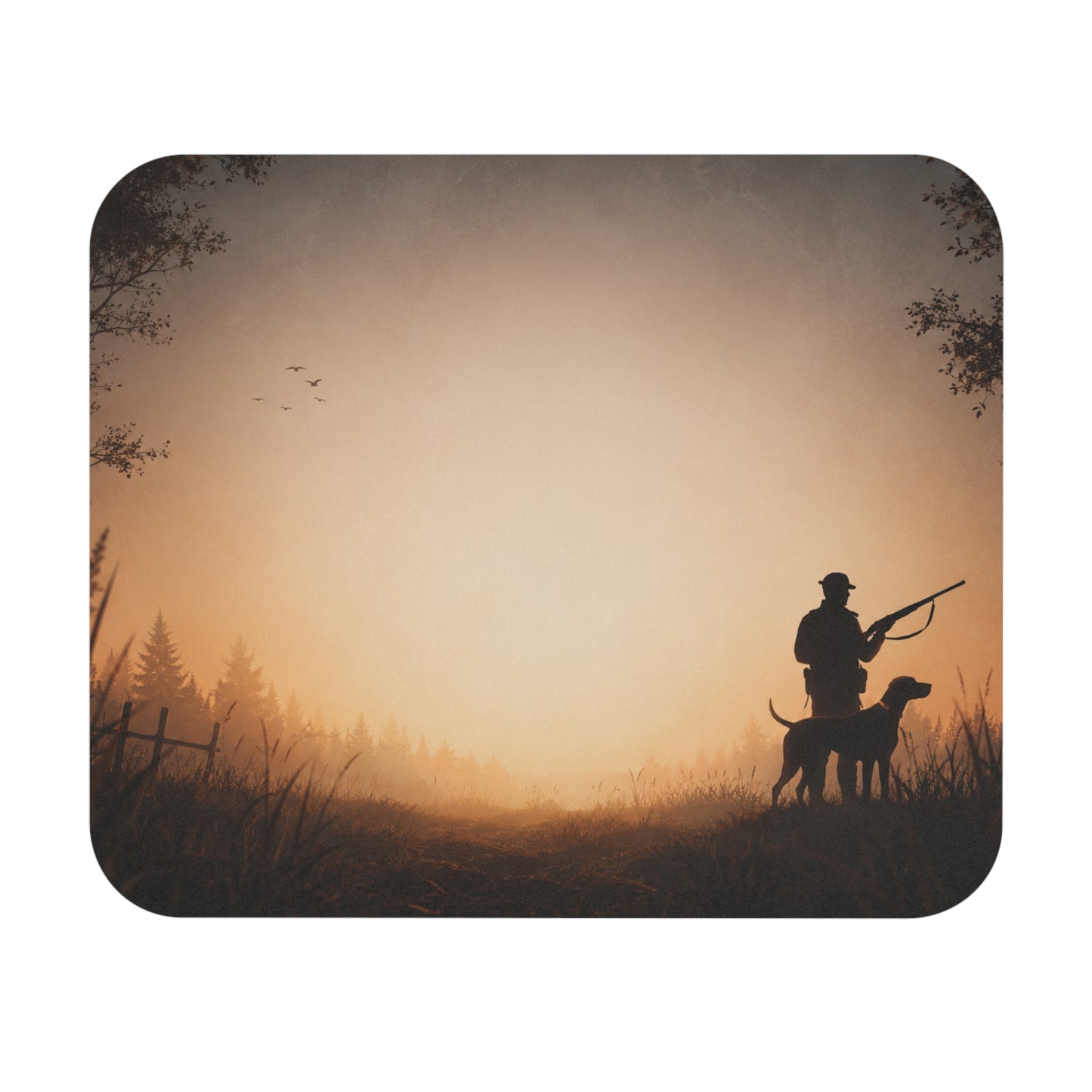 Tapis de Souris 22x18cm Chasseur avec Chien – Décor Nature Lever du Soleil – Fond Chasse Forêt – Accessoire Bureau Gaming