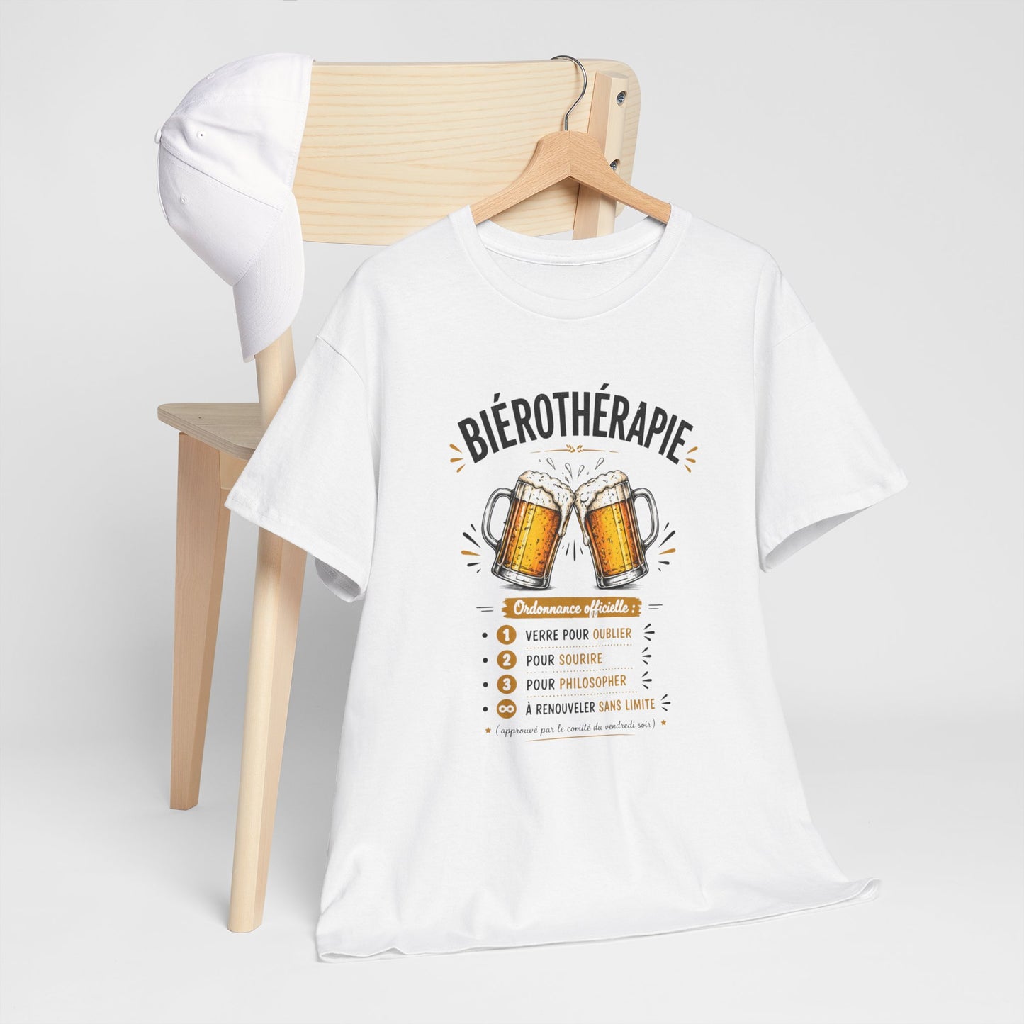T-Shirt Biérothérapie Homme Femme – Tee Shirt Humour Bière Apéro – Cadeau Drôle Amateur Bière Soirée Noir Blanc Gris
