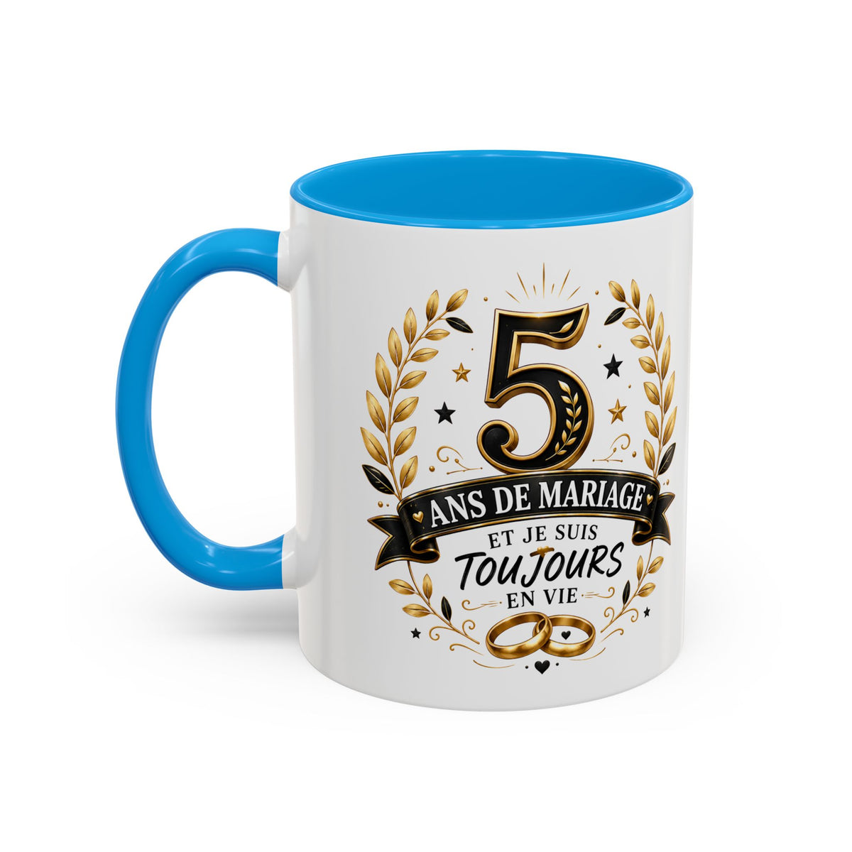 Mug 5 Ans de Mariage et Je Suis Toujours en Vie – Tasse Humoristique Anniversaire de Mariage – Idée Cadeau Couple Noces de Bois noir bleu rouge